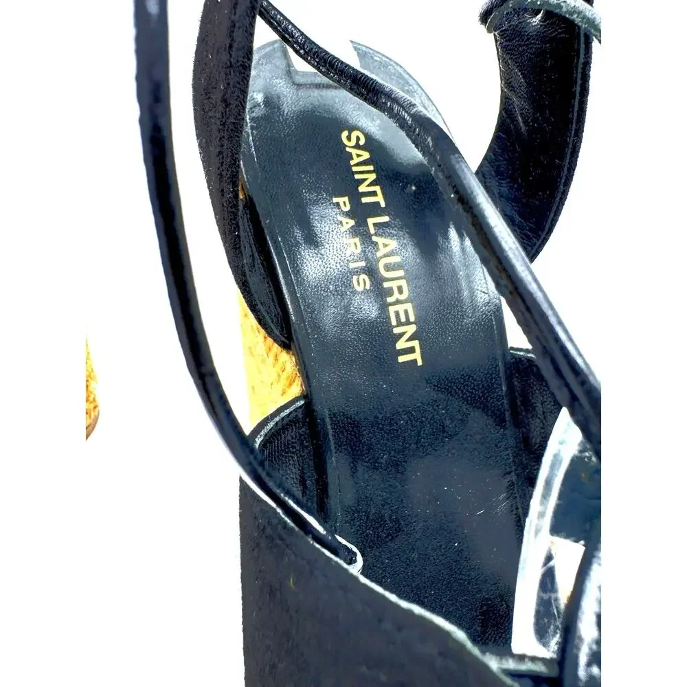 Saint Laurent Black Suede Espadrille Platform Wedge Sandals  Ankle Tie EU 38.5